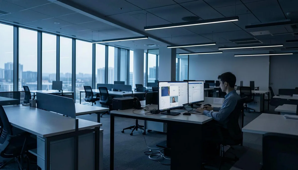 Empty office space with remote work setup illustrating tech hiring trends 2026 in the finance sector.