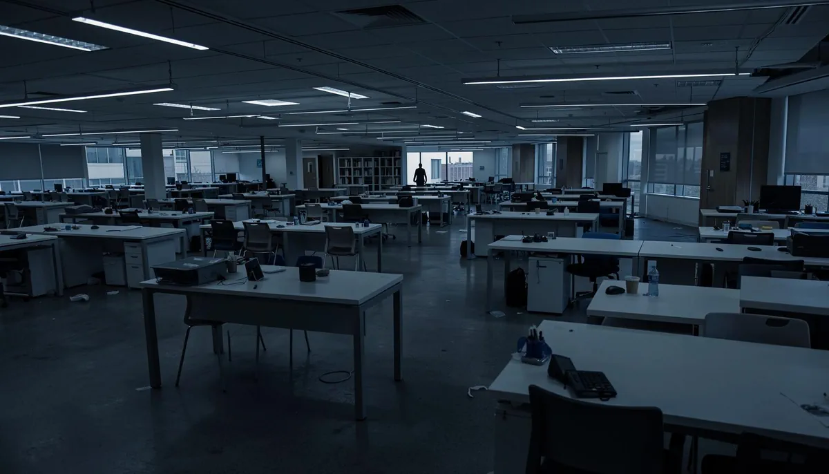 Empty office space at Meta's headquarters, symbolizing the 2026 workforce reduction and tech layoffs driven by AI and remote work shifts.