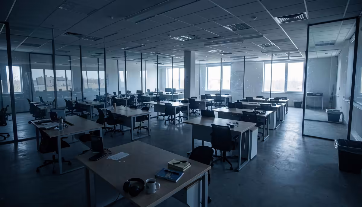 Empty office space with rows of vacant desks, symbolizing workforce reduction at Block amid AI efficiency shifts in 2024.