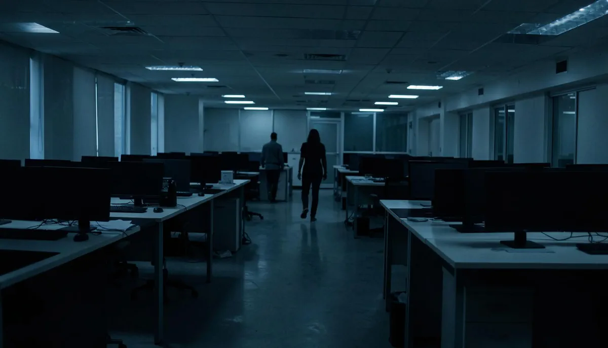 Empty office floor with dark monitors and silhouetted workers walking away, illustrating tech layoffs AI trends.