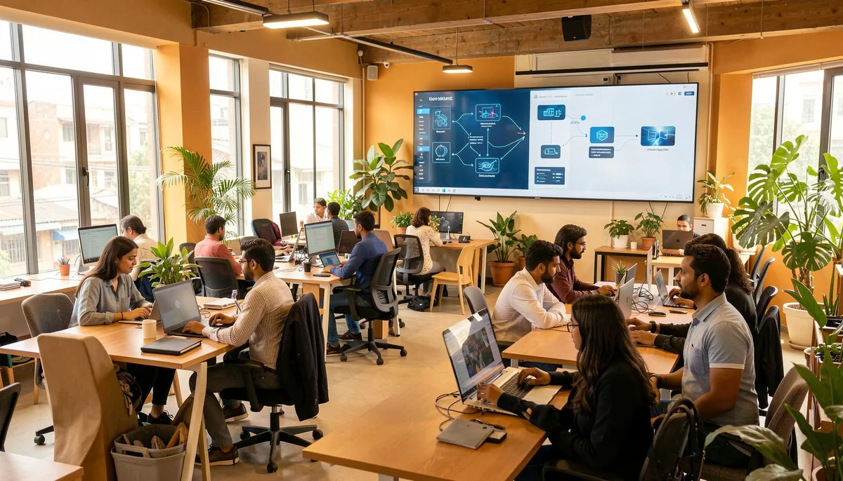 Indian tech professionals collaborating in a modern office, reflecting workforce stability and AI integration in IT jobs at Tech Mahindra.