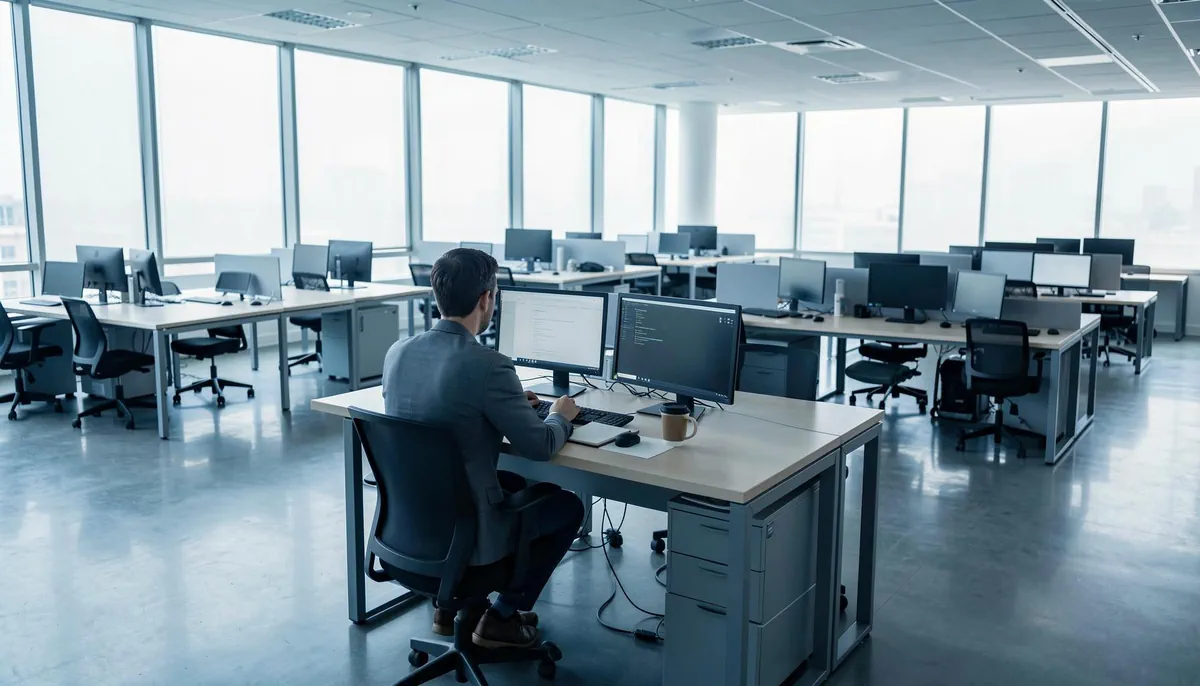 Empty office workspace with signs of recent use, symbolizing job stability at Tech Mahindra amid AI impact on IT jobs.