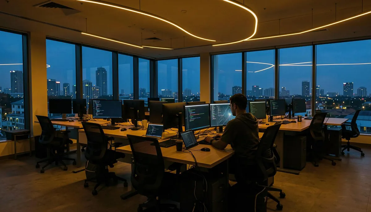 Evening scene in a Southeast Asian tech startup office showing developer at work, reflecting rising tech talent compensation Asia trends.
