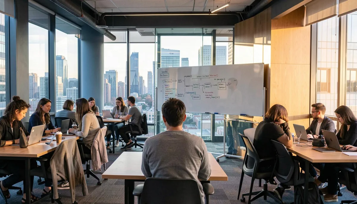 A diverse group of tech professionals collaborating in a bright Toronto co-working space, reflecting growth in the Canadian tech job market