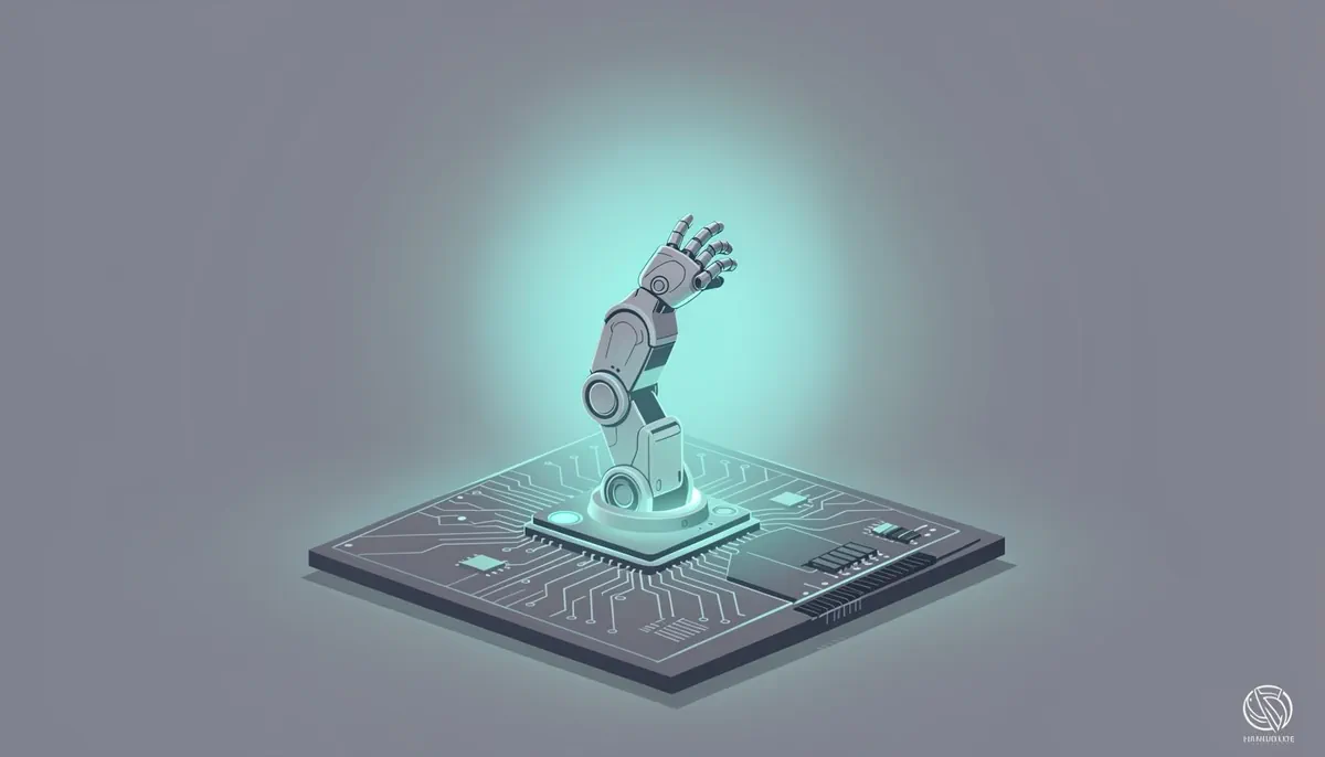 Robotic arm emerging from circuit board, representing AI hardware engineering and innovation in tech hiring