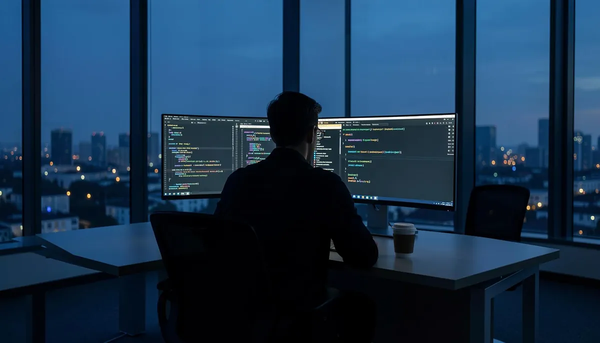 A lone developer at work in a high-pressure AI startup environment, symbolizing the top 0.0001% talent sought by Sana Labs.