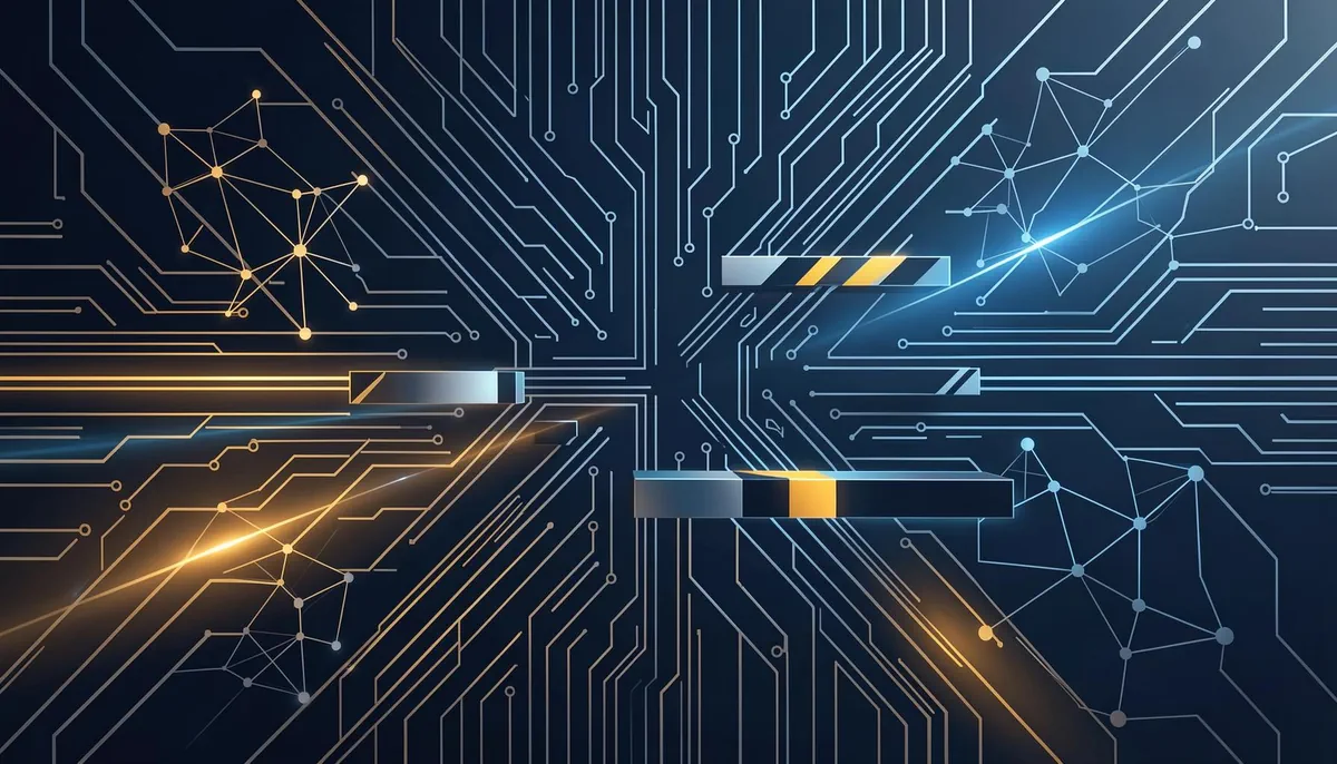 Abstract representation of the UK tech hiring crisis 2026, showing AI networks constrained by structural barriers amid talent shortage challenges.