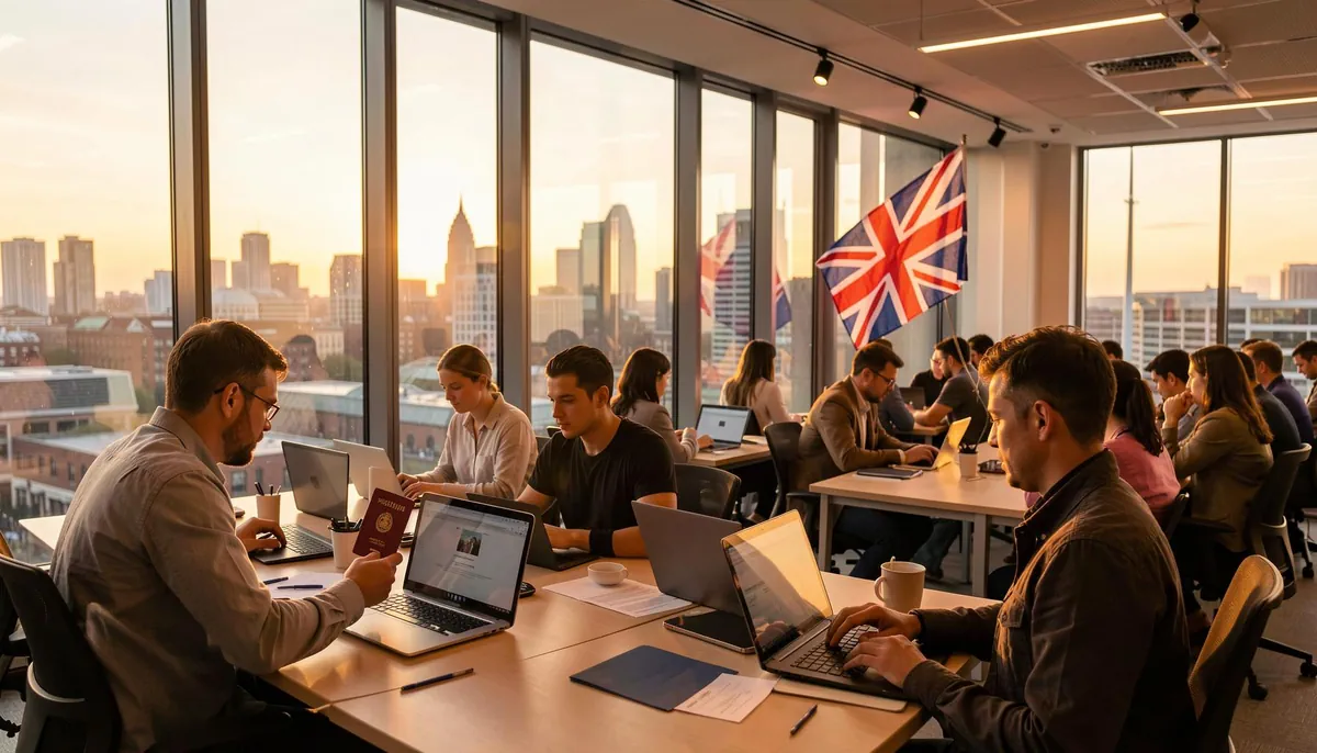 Co-working space in the UK with tech professionals collaborating, symbolizing UK tech talent incentives attracting global workers in 2026.