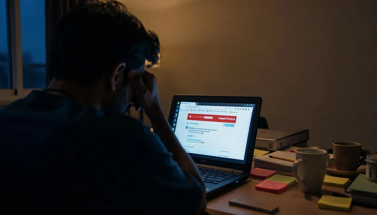 Indian developer sits at a cluttered desk, facing unpaid salary issues from a Singapore startup while working remotely.