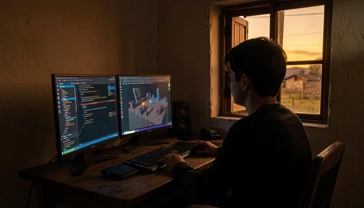 Remote tech education in action at a virtual game development school in Uruguay, fostering decentralized learning and remote career training.