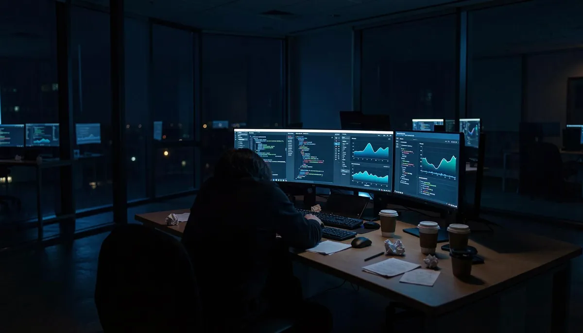 Lonely tech worker at a desk late at night, illuminated by monitor glow, symbolizing voluntary AI overwork and rising burnout in mid-sized tech companies.