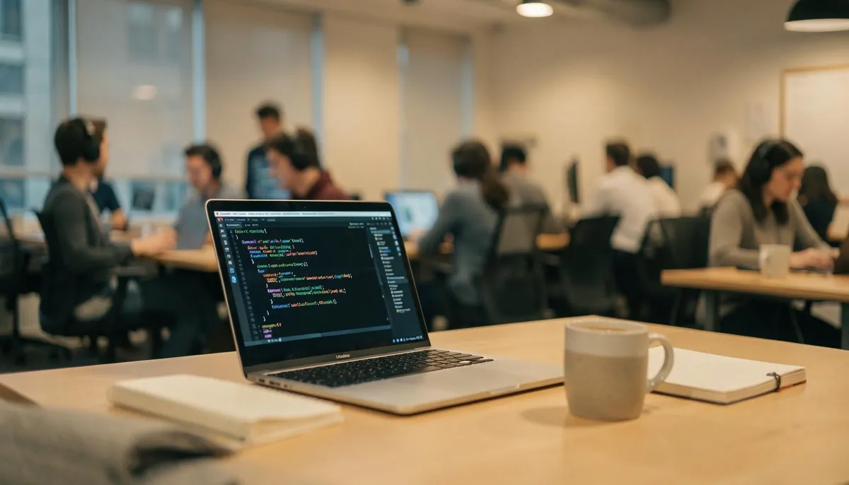 Remote Wasm developer working at a desk with laptop and coffee related to Wasm developer hiring, blurred co-working background