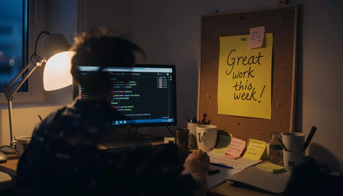 A handwritten note of appreciation on a corkboard in a developer's home office, symbolizing weekly encouragement and developer burnout prevention.