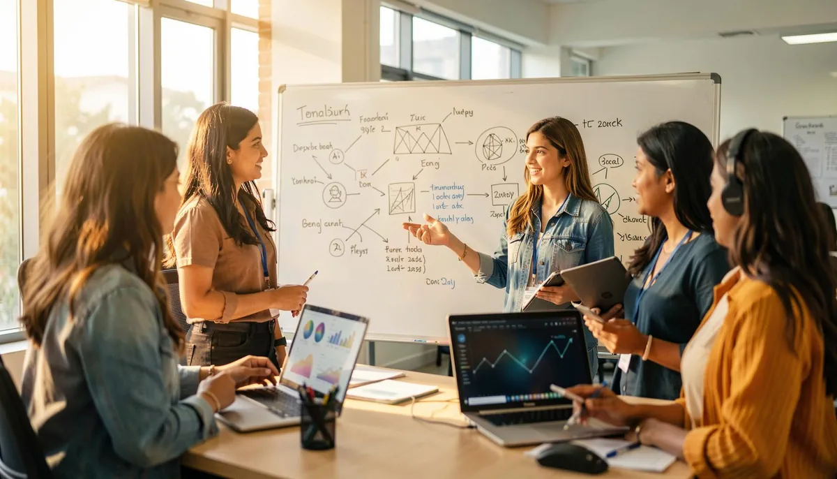 Mid-career women in data science collaborating in a tech office, highlighting gender diversity in AI leadership roles in India.