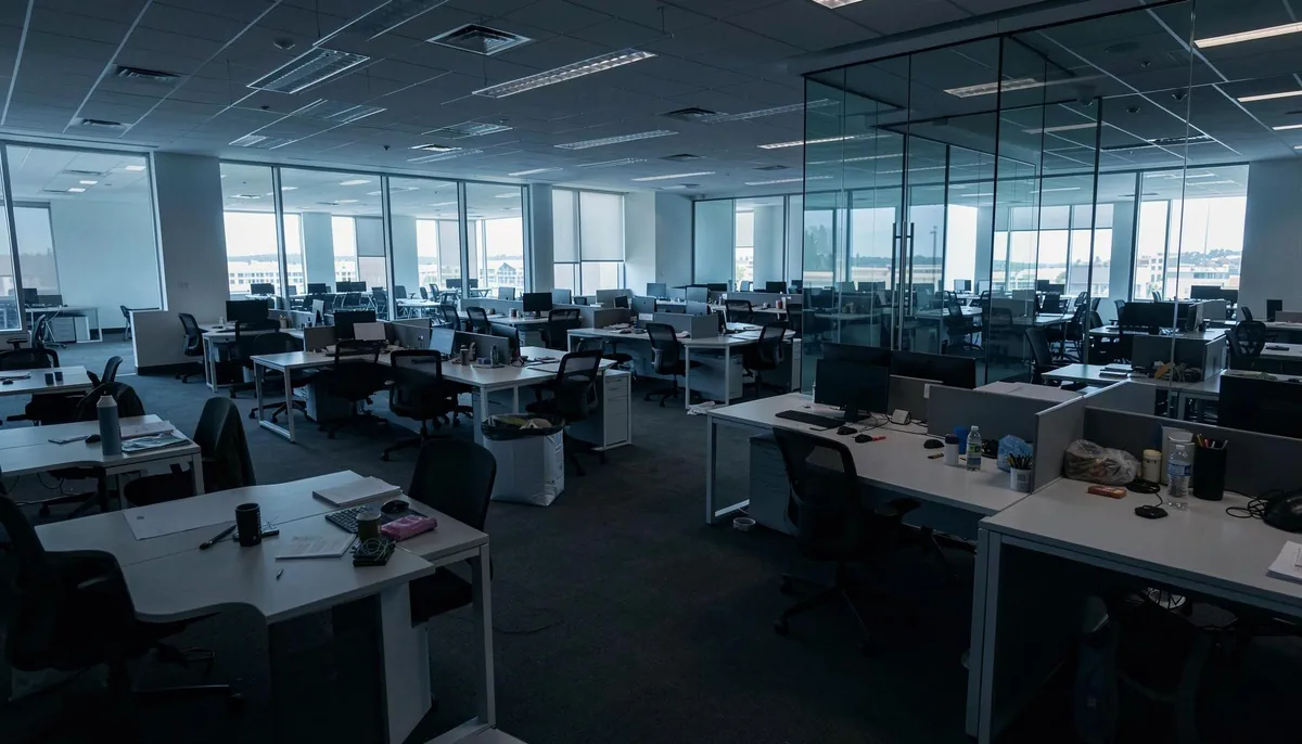 Empty office interior at Workday's Pleasanton campus reflecting the recent job cuts and tech company downsizing in the Bay Area.